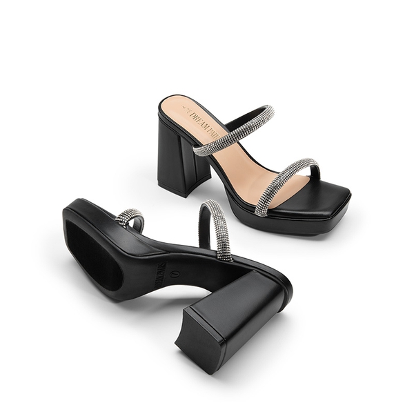 Rhinestone Straps Chunky Sandals - BLACK-RHINESTONE - 5